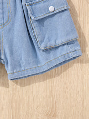 Girls Casual Elastic Waist Denim Shorts with Pockets