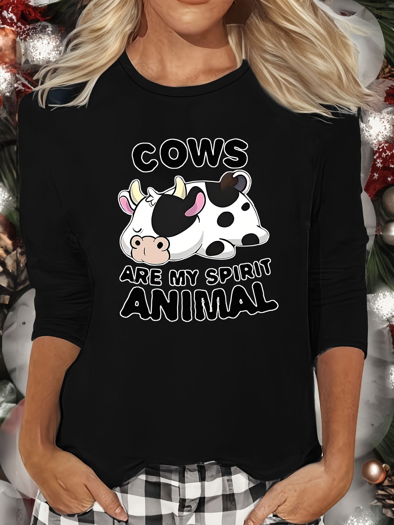 Cow Print Lounge Top Long Sleeve Crew Neck Women's Sleepwear
