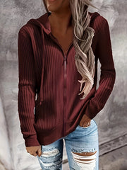 Casual Knit Top Women's Plus Solid Ribbed Zip Up Long Sleeve