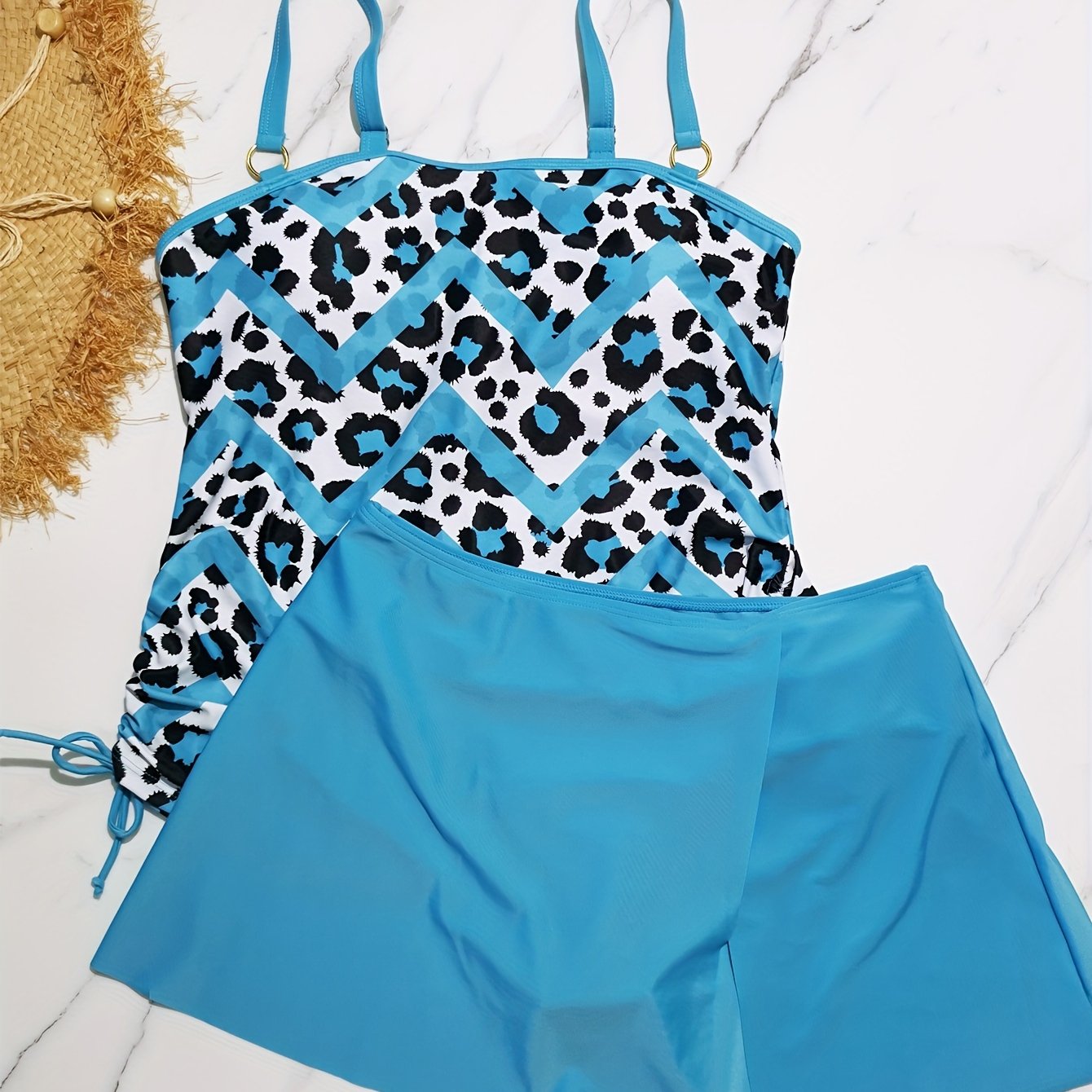 Leopard Chevron Print Tankini Set Lace Up Side Cami Top