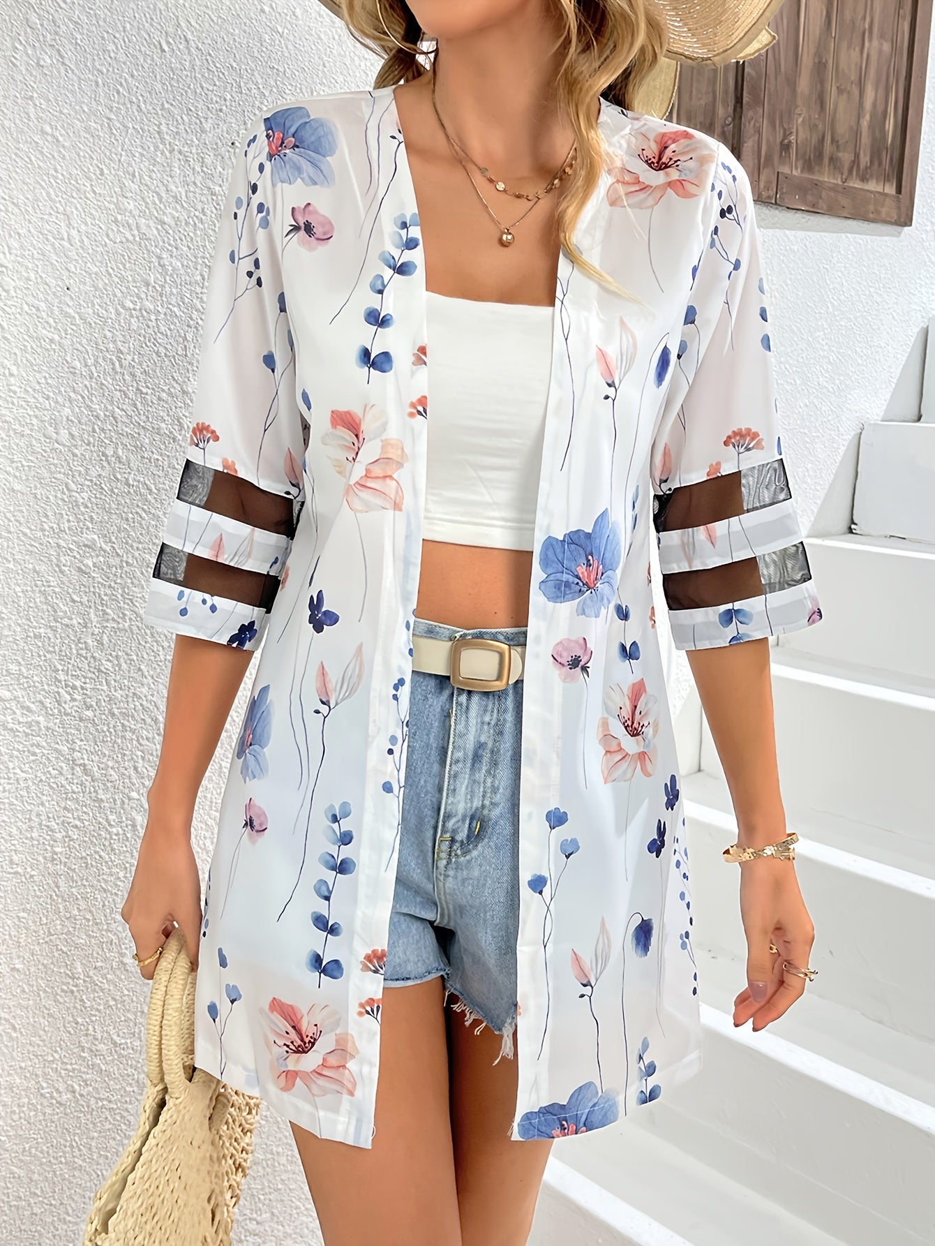 Floral Print Half Sleeve Jacket Casual Open Front Crew Neck Outerwear