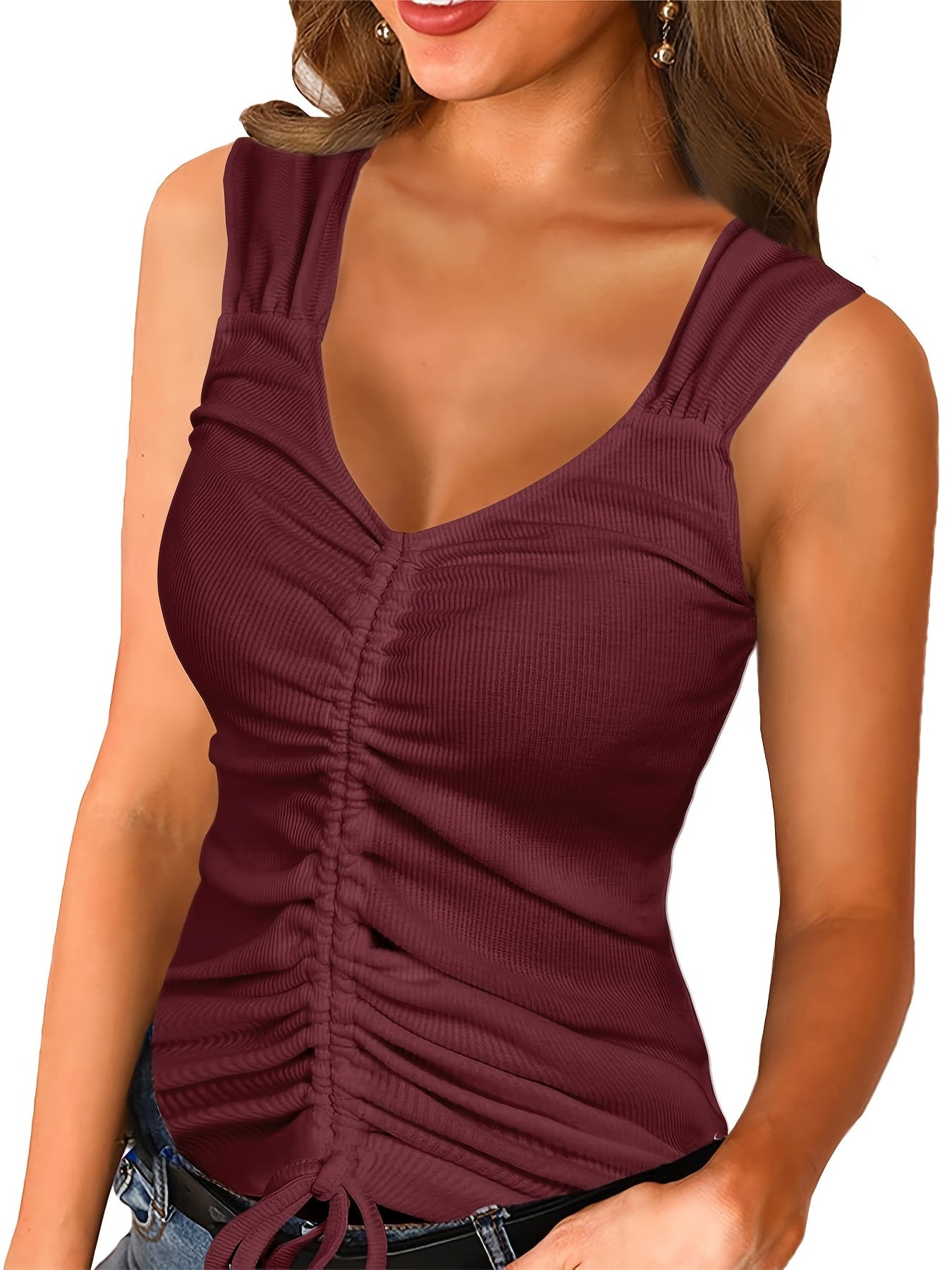 Ruched Drawstring Top V Neck Sleeveless Top