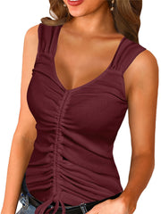 Ruched Drawstring Top V Neck Sleeveless Top