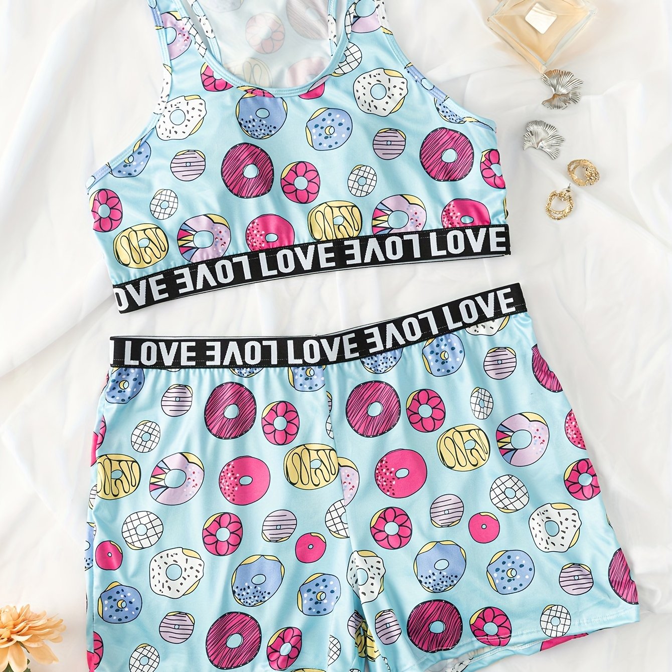 Donut Print Crop Tank Top & Shorts Set