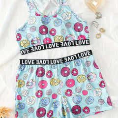 Donut Print Crop Tank Top & Shorts Set