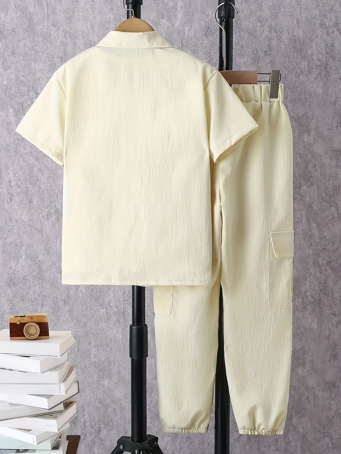 Boy's Solid Shirt & Cargo Pants Set for Spring Summer