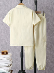 Boy's Solid Shirt & Cargo Pants Set for Spring Summer