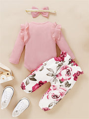 3pcs Baby Girls Bodysuit Onesie & Floral Pants & Headband Set
