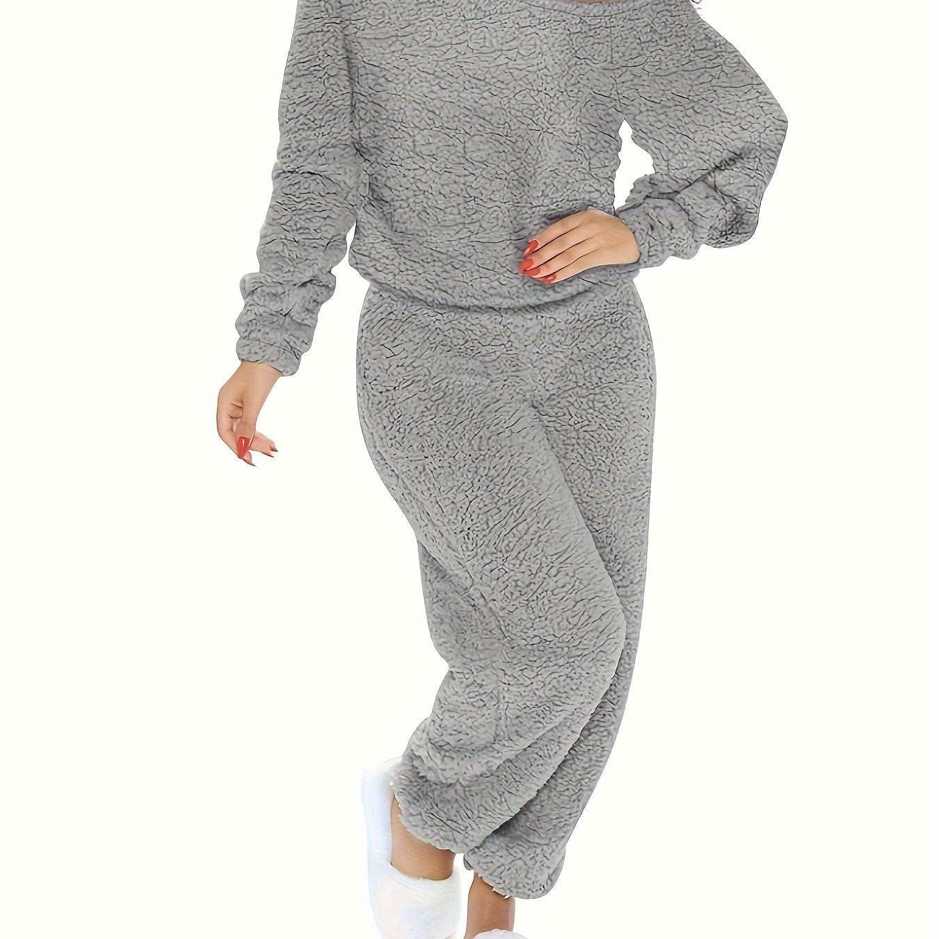 Plus Solid Teddy Fleece Top & Jogger Pants Set