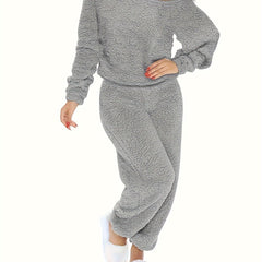 Plus Solid Teddy Fleece Top & Jogger Pants Set