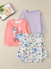 3 Pk Girls' Cartoon Unicorn Sweatshirts Set