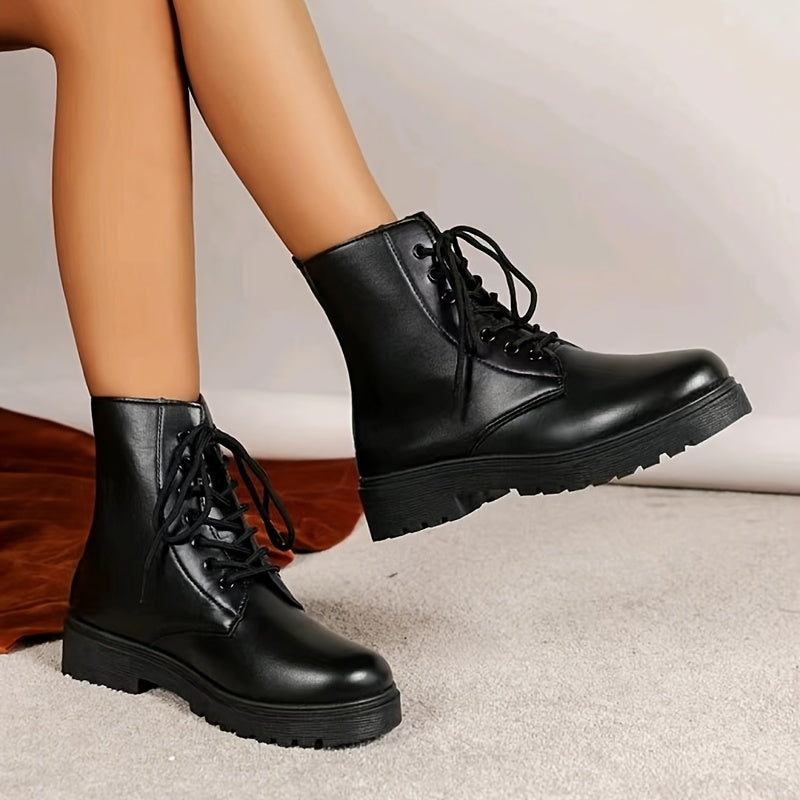 Women's Chunky Heel Combat Boots Solid Lace Up Short Boots