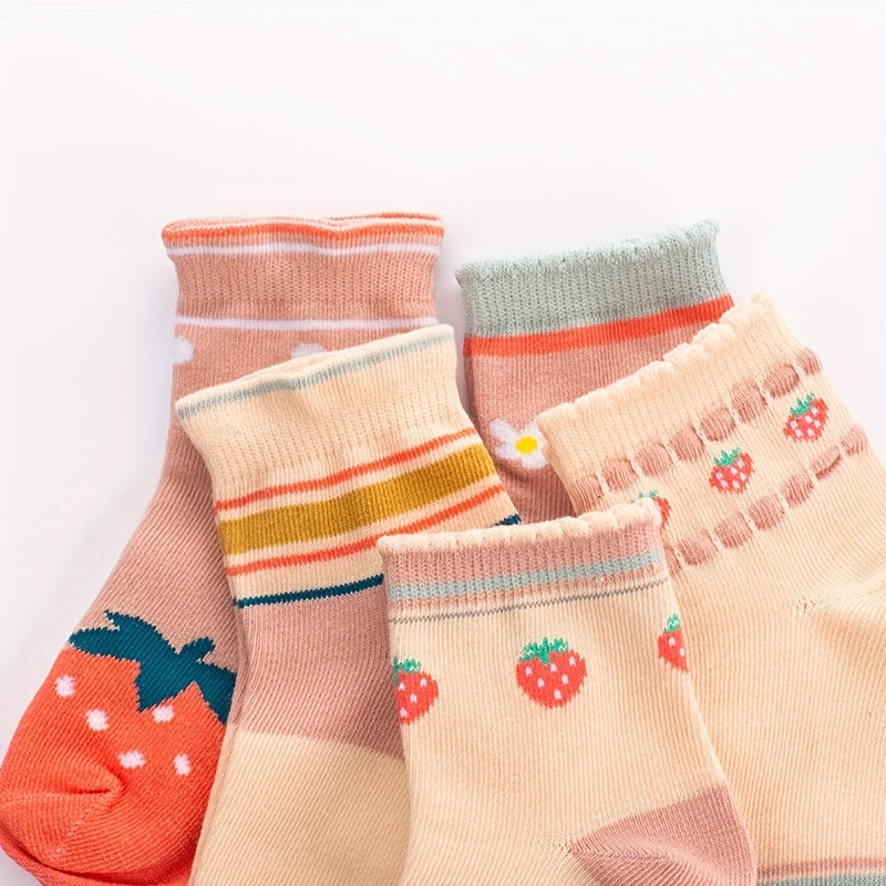 5 Pairs Strawberry Striped Knit Socks for Girls