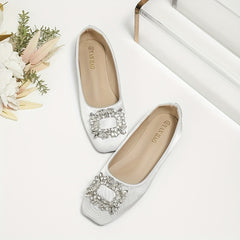 Women's Satin Ballet Flats Rhinestone Slip On Wedding Dress Flats