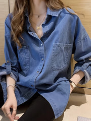Casual Denim Top Women's Button Down Roll Up Sleeve Blouse