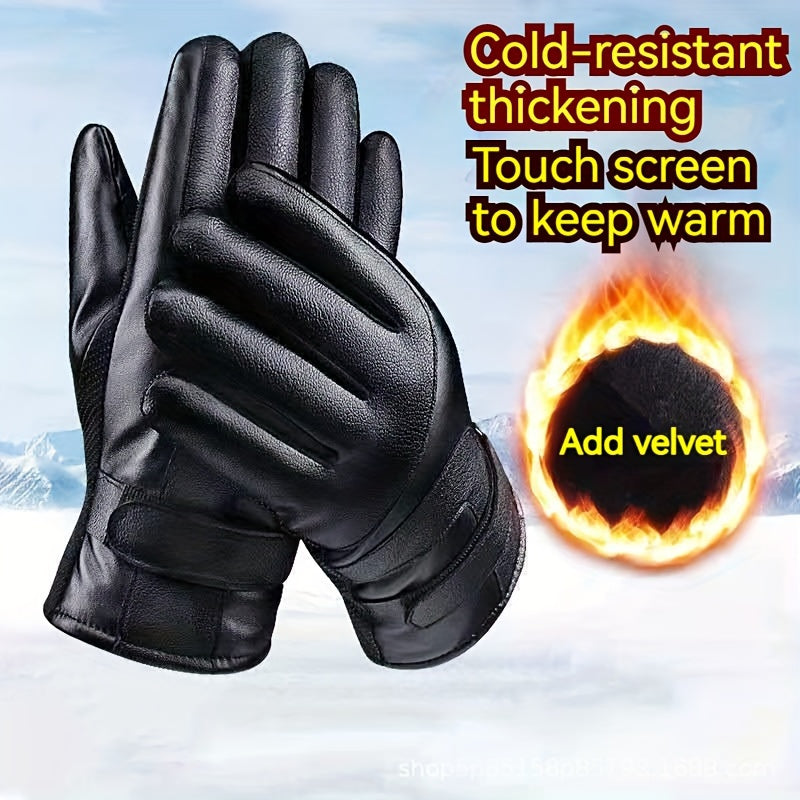 Warm Leather Cycling Gloves Men's Thickened Coldproof Windproof Touchable
