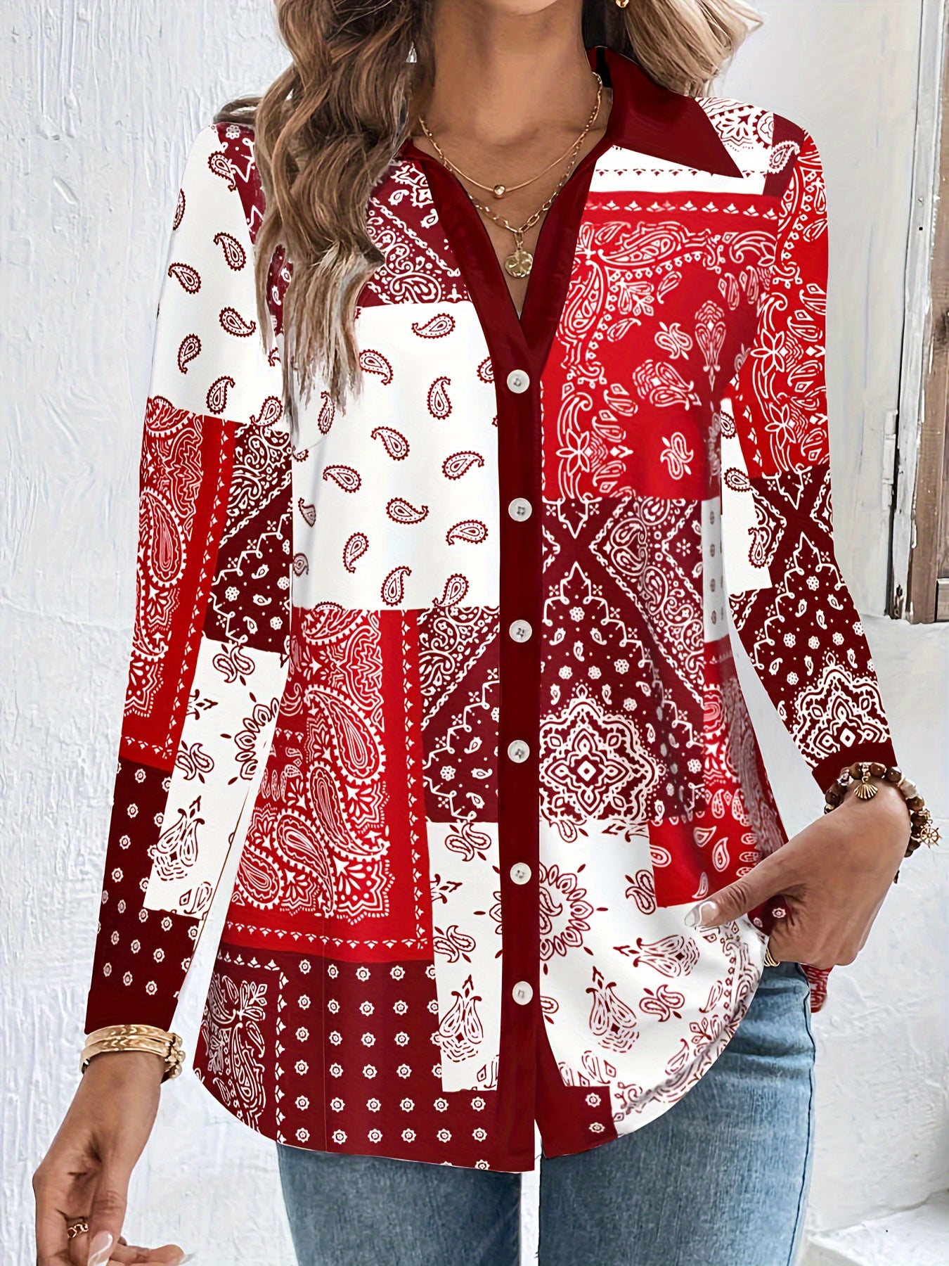 Women's Plus Paisley Print Long Sleeve Button Up Blouse