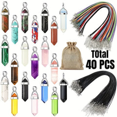 40pcs Chakra Crystal Pendant Necklace Set Hexagonal Bullet Shape Quartz Stones