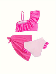 Girls Flamingo Graphic Ruffle Trim Bathing Suit Set