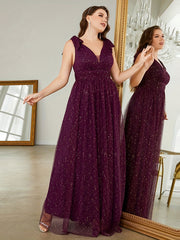 Glitter Bow Knot Sleeveless V Neck Maxi Formal Dress