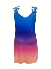Plus Ombre Print Lace Panel V-Neck Stretch Summer Dress