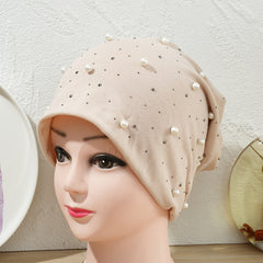 Women's Faux Pearl Beanie Warm Earmuff Stretch Headgear Head Scarf Hat Cap