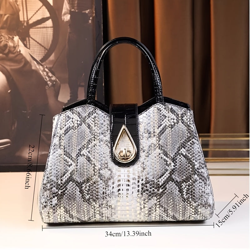 Women's Snake Pattern Tote Handbag Golden Tone Accents