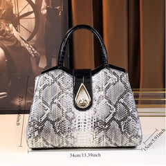 Women's Snake Pattern Tote Handbag Golden Tone Accents