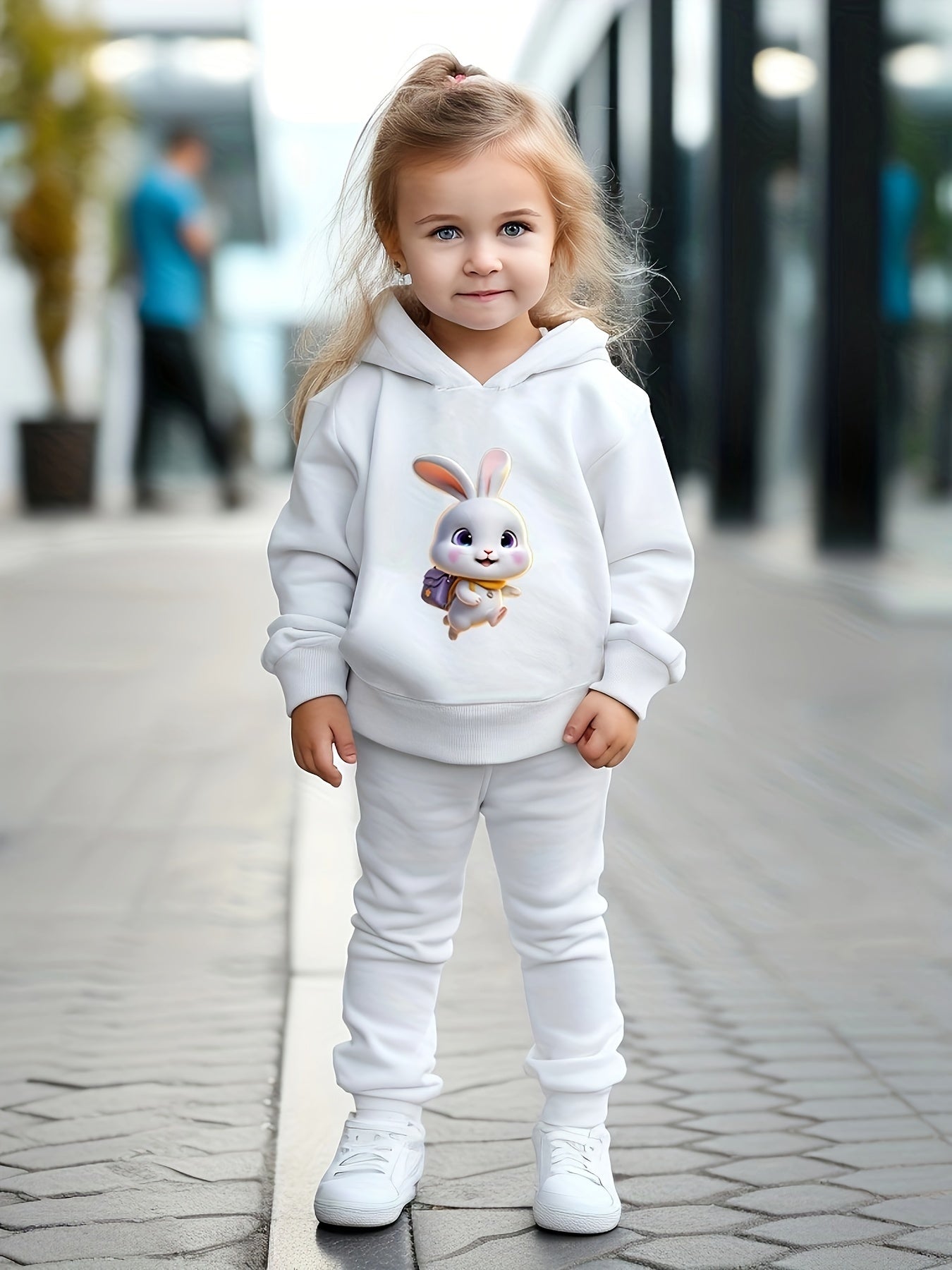 Girls Bunny 3D Print Hooded Sweatshirt Top Sweatpants Set
