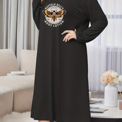 Plus Size Bee & Letter Print Long Sleeve Round Neck Sleep Dress