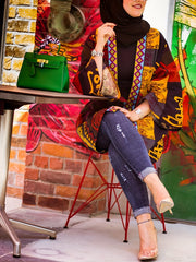 Abstract Print Open Front Jacket Casual Long Sleeve Mid Length Outerwear