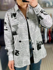 Newspaper Print Button Up Long Sleeve Blouse