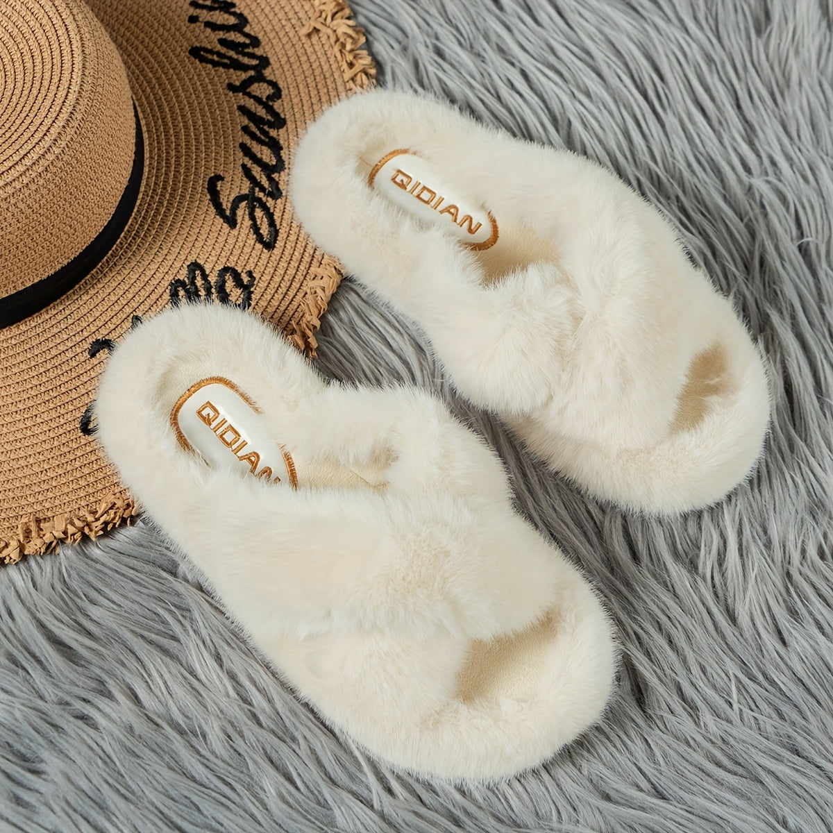 Plush Cross Strap Slippers Comfortable Slip-On Shoes