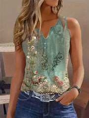 Floral Print Button Decor Notched Neck Tank Top