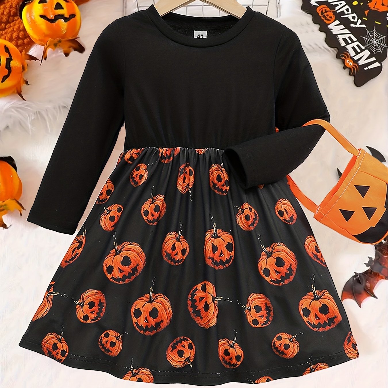 2pcs Pumpkin Head Halloween Dress & Candy Bag Set