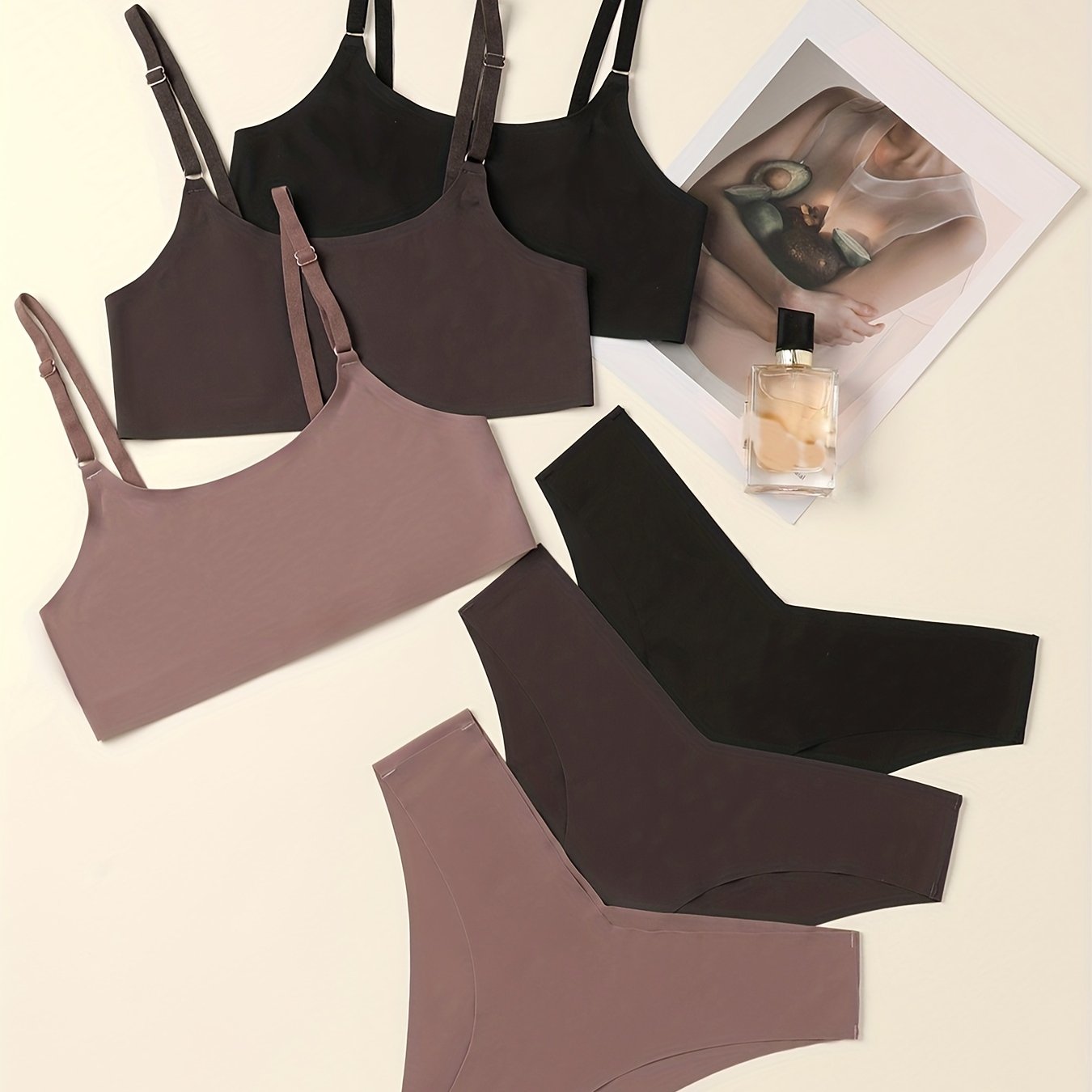 3pcs Solid Bra & Panties Set Full Coverage Seamless Lingerie Women's Underwear