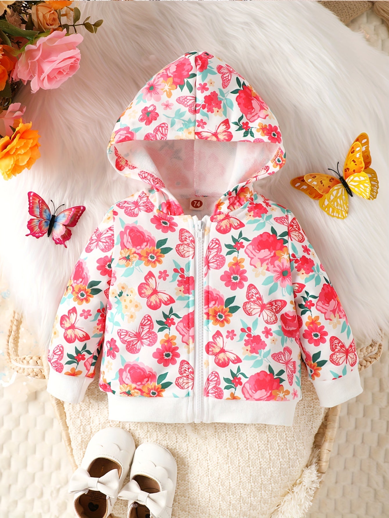 Flower & Butterfly Print Hooded Jacket for Baby Girls