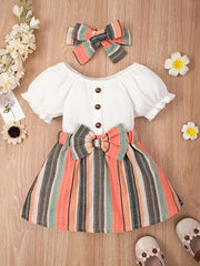 2pcs Baby Girls Striped Bowknot Short Sleeve Dress & Headband Set