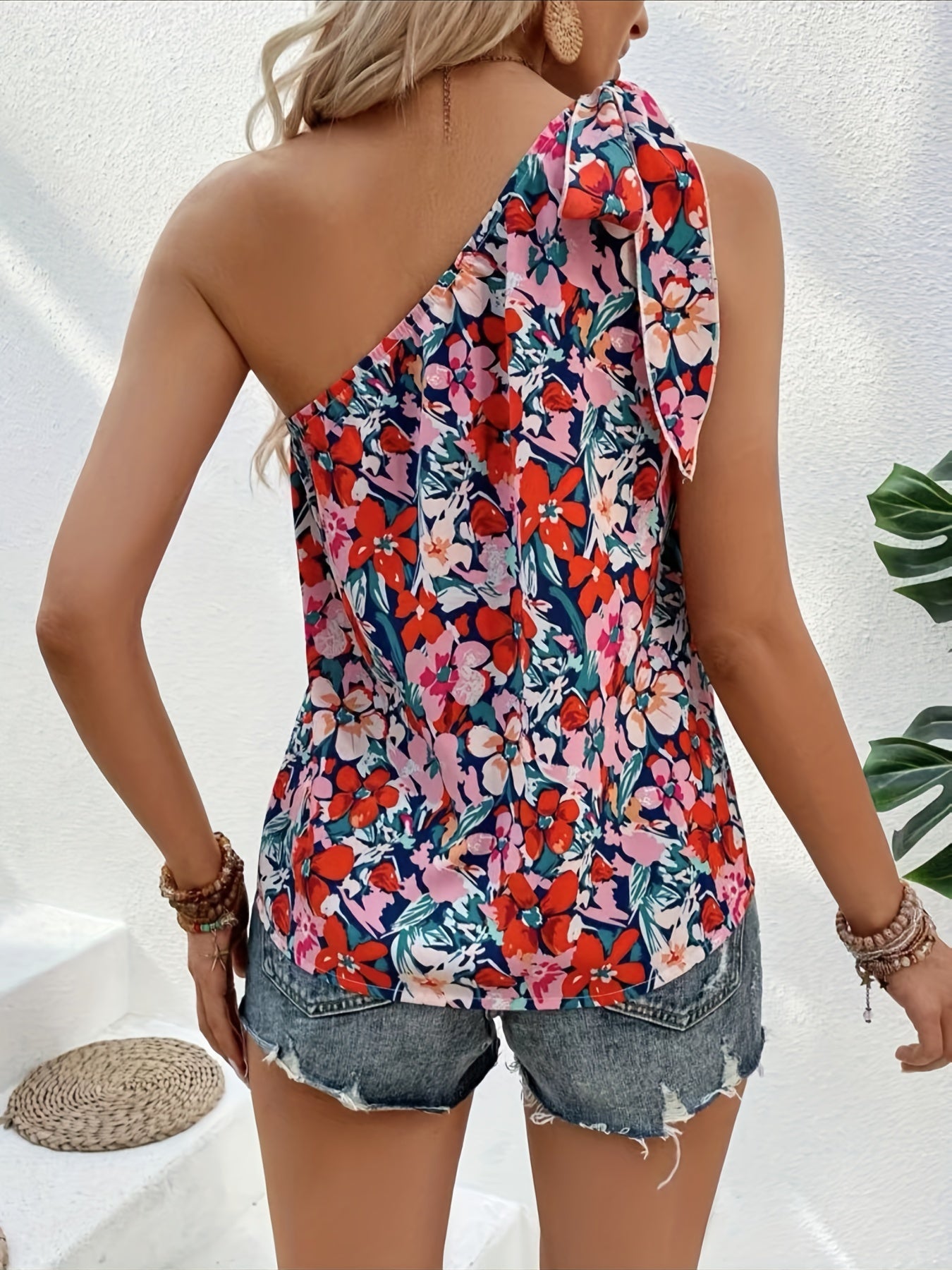 Floral Print One Shoulder Top Boho Summer Knot Sleeveless Top Women