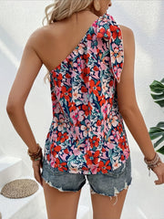 Floral Print One Shoulder Top Boho Summer Knot Sleeveless Top Women