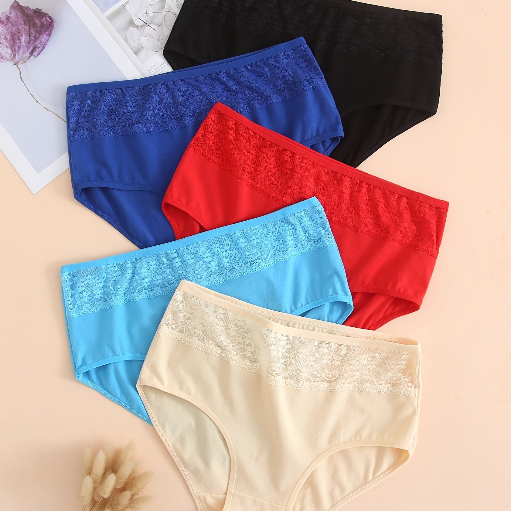 5 Pack Plus Size Lace Midi Stretch Comfort Briefs Set