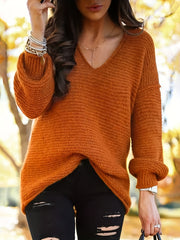 V Neck Solid Ribbed Long Sleeve Sweater