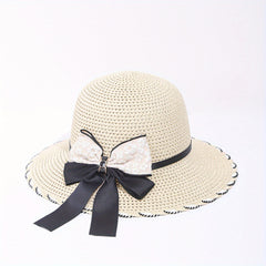 Women's Lace Satin Bow Sun Hat Wide Brim Straw Hat