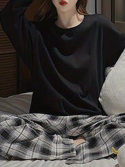 Plaid Print Pajama Set Long Sleeve Top & Pants Women's Sleepwear
