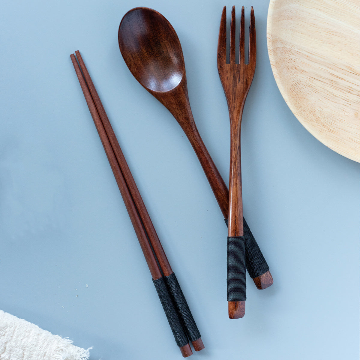 3pcs Japanese Wooden Tableware Spoon Chopsticks Fork Set