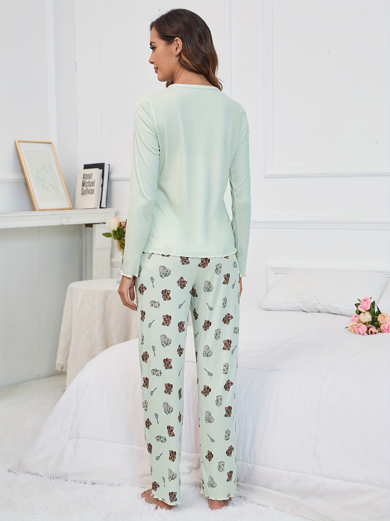 Bear Print Pajama Set Long Sleeve Top & Pants Women's Sleepwear