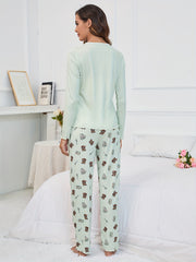 Bear Print Pajama Set Long Sleeve Top & Pants Women's Sleepwear