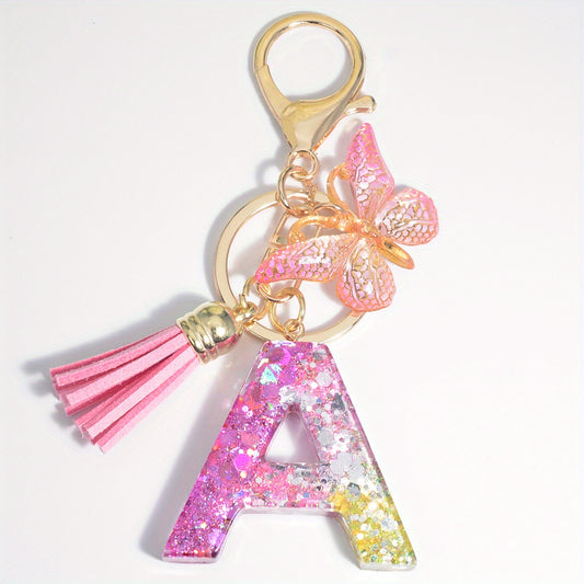 Initial Letter Keychain Resin Floral English Letter Shape Keychain With Tassel