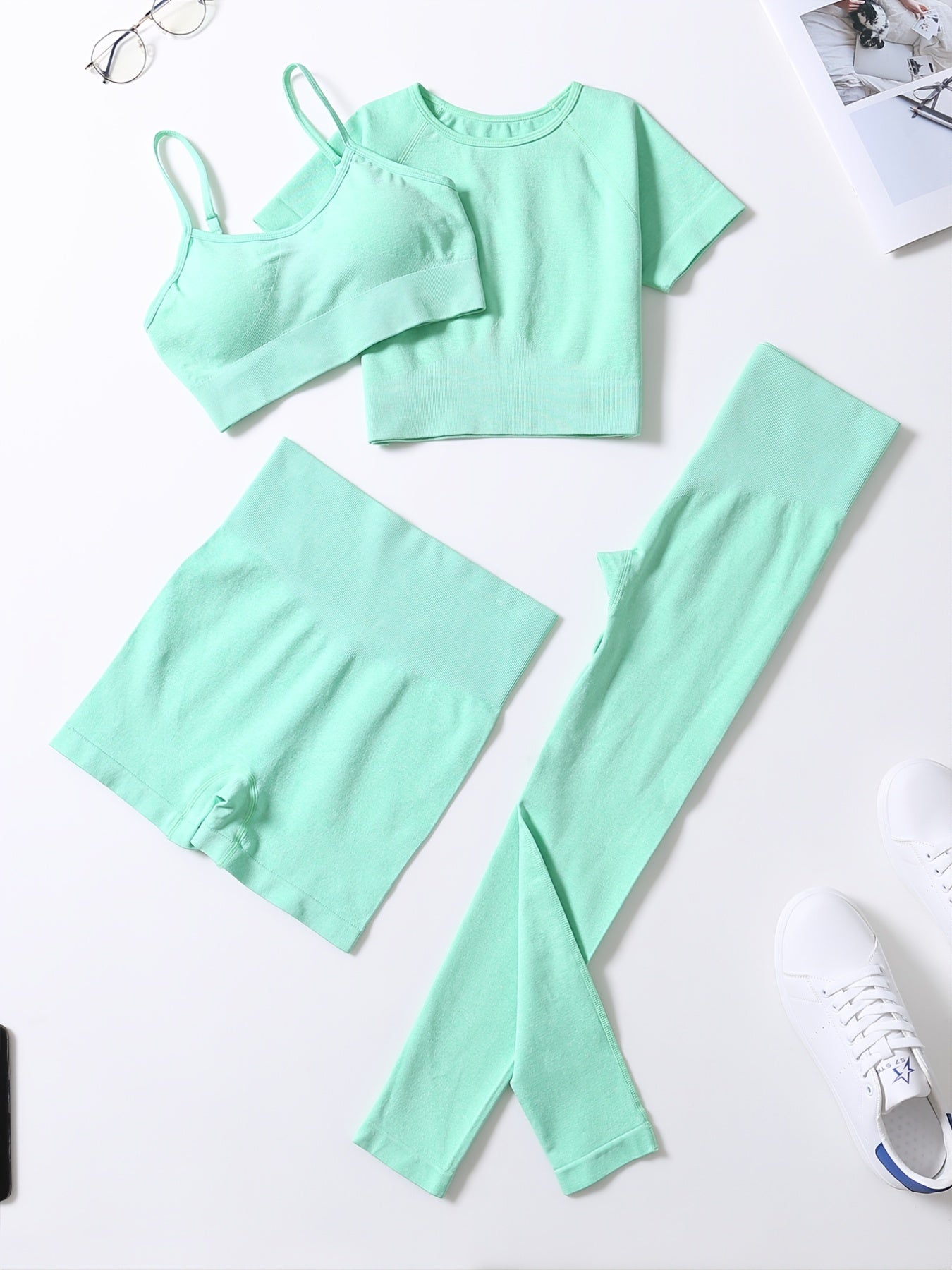 4Pcs Yoga Set High Stretch Crew Neck Crop Bra Tee Short Pants Sports Suit