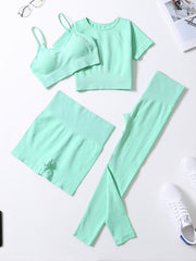 4Pcs Yoga Set High Stretch Crew Neck Crop Bra Tee Short Pants Sports Suit